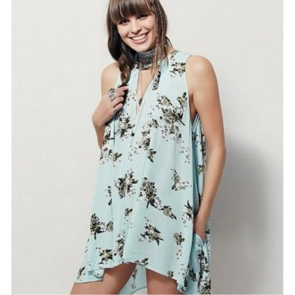💞Price Drop! Free People Blue Green Swing Floral Tunic Short Casual Dress - MED - Picture 1 of 9